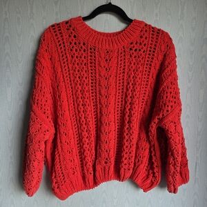 Forever 21 Open‎ Knit Oversized Drop Shoulder Women's Chenille Sweater M Coral